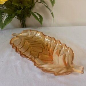 Vintage marigold carnival glass leaf dish iridescent fall decor retro glass tray